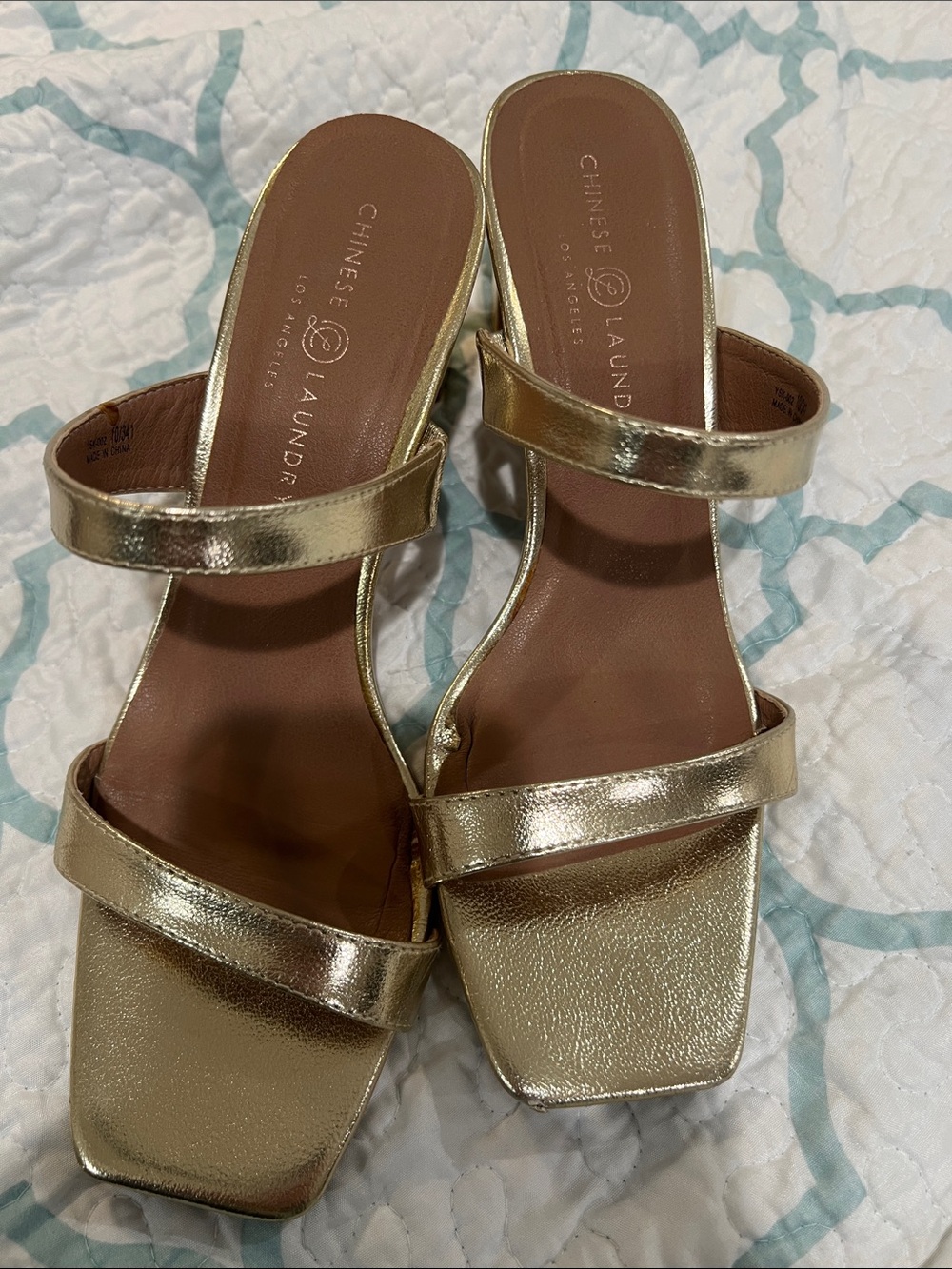 Chinese Laundry Metallic Gold Double-Strap Mid Heel Sandals